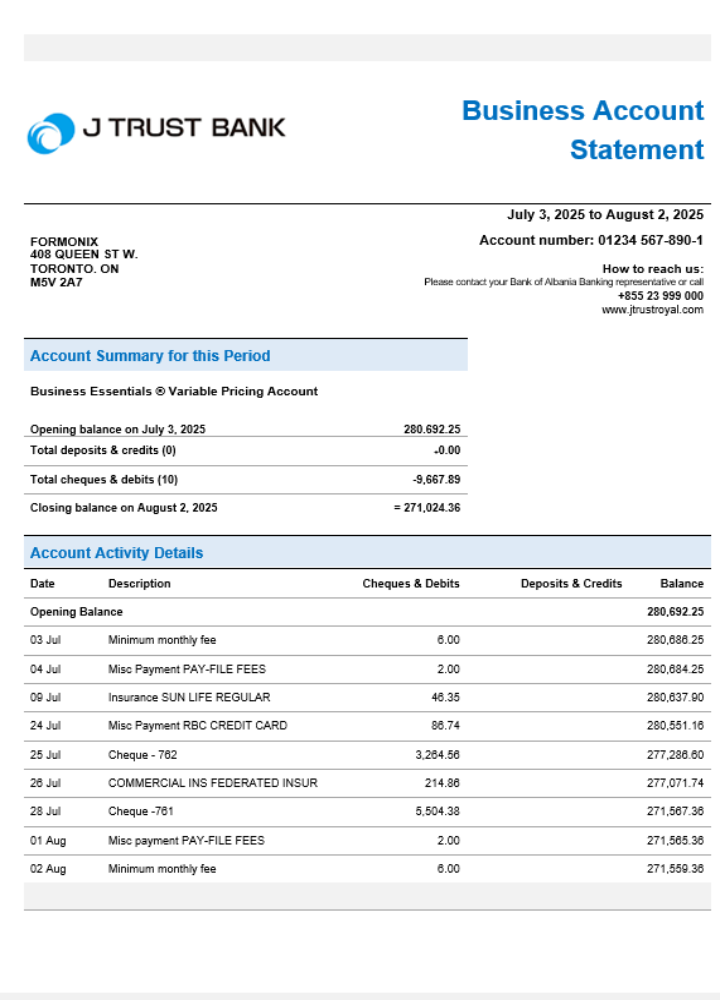 Relevé de la société de la banque d'affaires J Trust Royal Format Word et PDF
